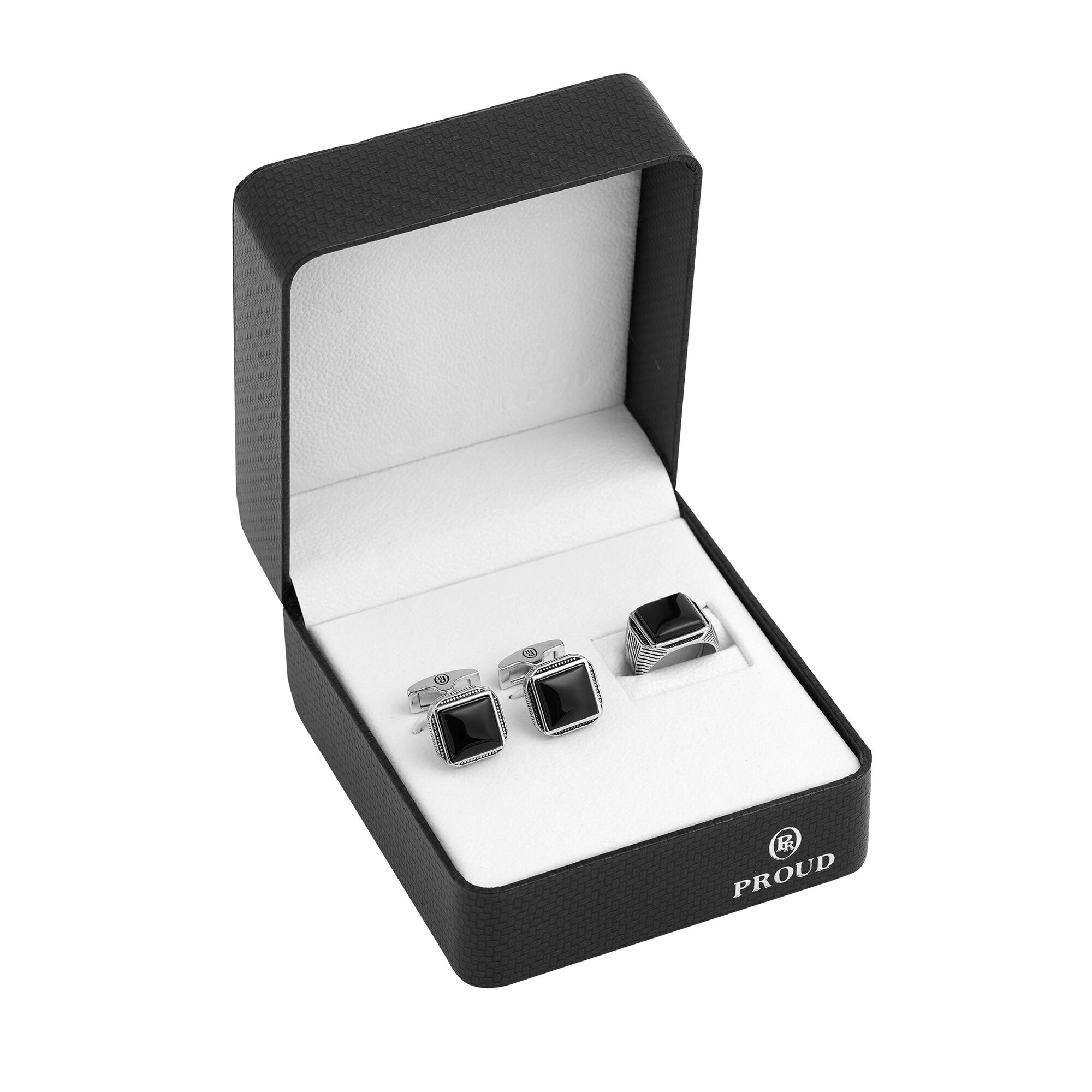 Box + R4253-C63-7-23 Silver Ring and Cufflinks Set